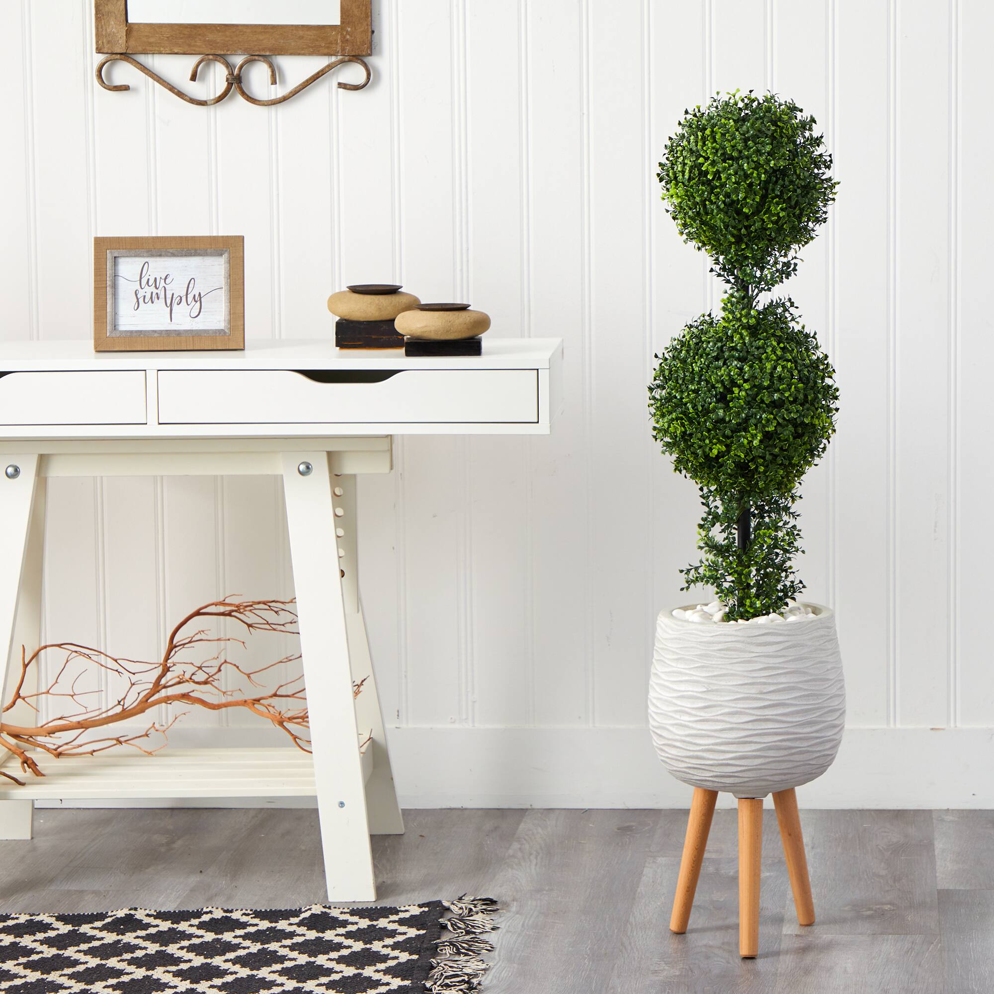 4ft. Boxwood Double Ball Topiary Artificial Tree in White Planter with Stand (Indoor/Outdoor)